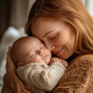 Redhead mother cuddling her sleeping baby with love and tenderness, enjoying motherhood. Generative AI