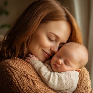 Redhead mother embracing her sleeping newborn baby, enjoying a peaceful moment of motherhood and connection. Generative AI