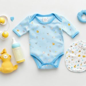 Baby clothes and accessories flat lay on white background featuring bodysuit, milk bottle, pacifier, teether, rattle and baby cap, ideal for parenting and childcare themes. Generative AI