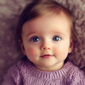 Close-up portrait of a cute baby girl with big blue eyes lying on a soft blanket, wearing a comfortable purple knitted sweater. Generative AI
