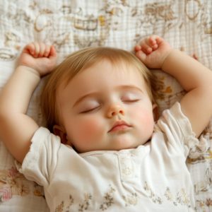 Toddler with rosy cheeks sleeping serenely in warm sunlight, enjoying a peaceful nap. Generative AI