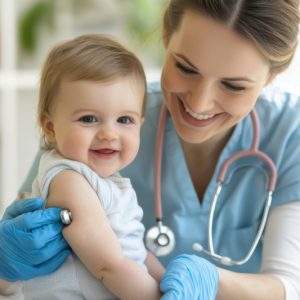 Pediatrician doctor using stethoscope examining heartbeat of happy smiling baby in clinic. Generative AI