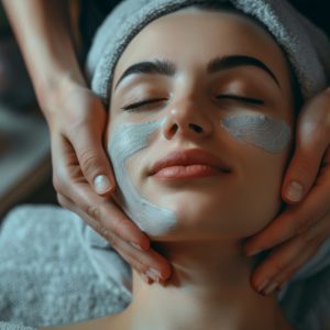 A relaxed woman with a serene expression enjoys a luxurious facial treatment in a tranquil spa setting. Generative AI